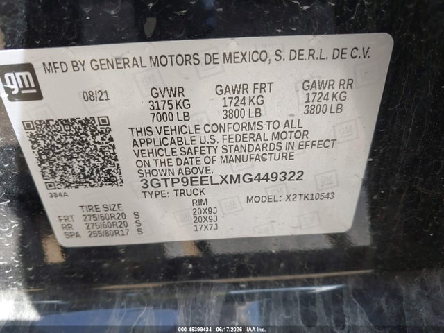 45399434 :رقم المزاد ، 3GTP9EELXMG449322 vin ، 2021 Gmc Sierra 1500 4wd  Short Box At4 مزاد بيع
