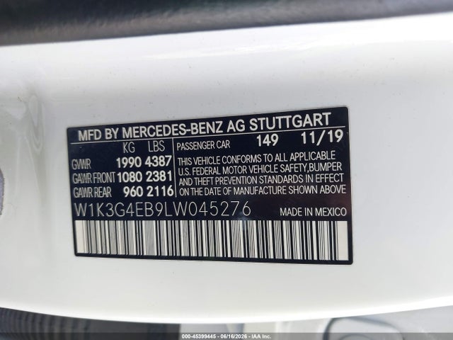 2020 Mercedes-benz A 220 მანქანა იყიდება აუქციონზე, vin: W1K3G4EB9LW045276, აუქციონის ნომერი: 45399445