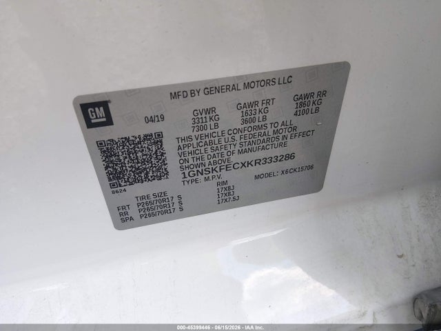 Продаж на аукціоні авто 2019 Chevrolet Tahoe Commercial Fleet, vin: 1GNSKFECXKR333286, номер лоту: 45399446