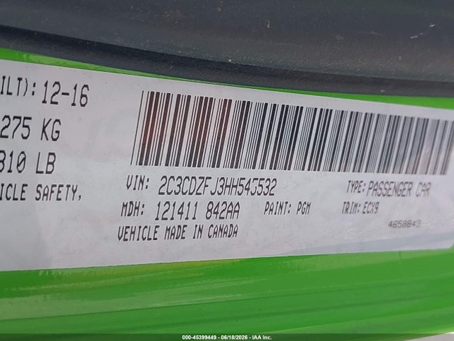 Продаж на аукціоні авто 2017 Dodge Challenger R/t Scat Pack, vin: 2C3CDZFJ3HH545532, номер лоту: 45399449