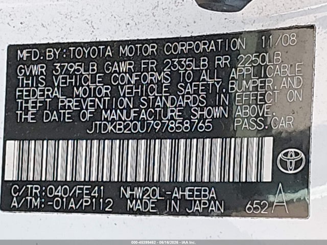 Aukcja sprzedaży 2009 Toyota Prius, vin: JTDKB20U797858765, numer aukcji: 45399462