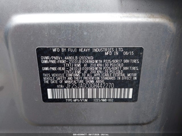 Продажа на аукционе авто 2016 Subaru Forester 2.5i Premium, vin: JF2SJAGC0GH442270, номер лота: 45399477