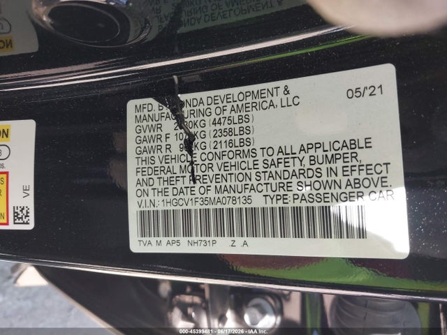 1HGCV1F35MA078135 Honda Accord Sport