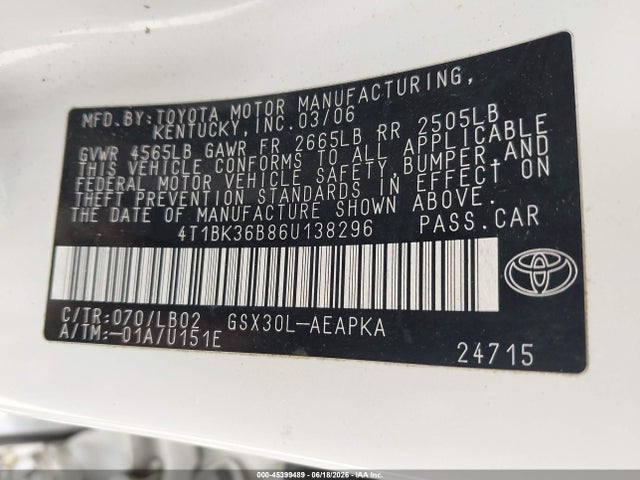 2006 Toyota Avalon Limited მანქანა იყიდება აუქციონზე, vin: 4T1BK36B86U138296, აუქციონის ნომერი: 45399489