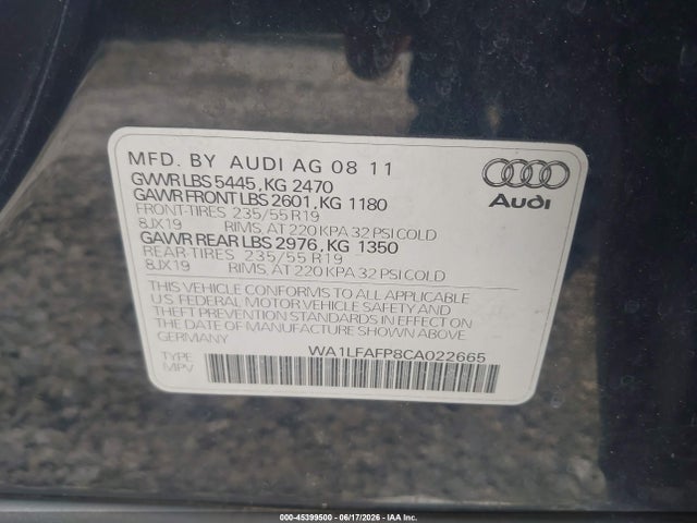 Продажа на аукционе авто 2012 Audi Q5 2.0t Premium, vin: WA1LFAFP8CA022665, номер лота: 45399500