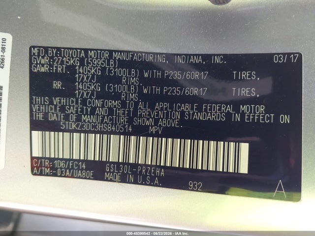 45399542 :رقم المزاد ، 5TDKZ3DC3HS840514 vin ، 2017 Toyota Sienna Le 8 Passenger مزاد بيع