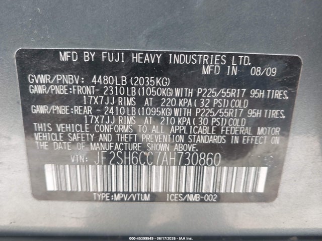 2010 Subaru Forester 2.5x Premium მანქანა იყიდება აუქციონზე, vin: JF2SH6CC7AH730860, აუქციონის ნომერი: 45399549