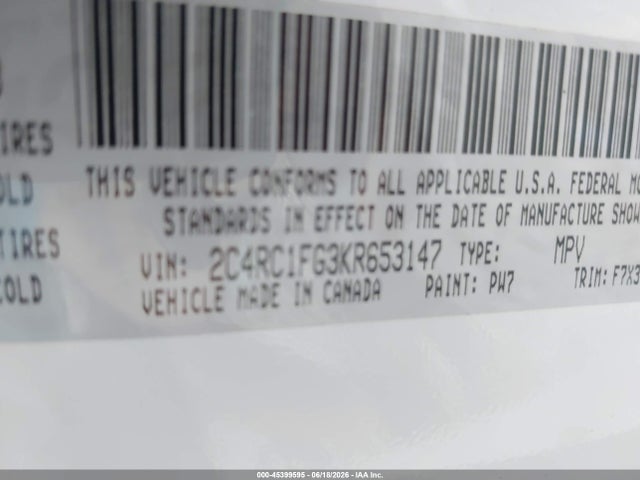 Aukcja sprzedaży 2019 Chrysler Pacifica Touring Plus, vin: 2C4RC1FG3KR653147, numer aukcji: 45399595