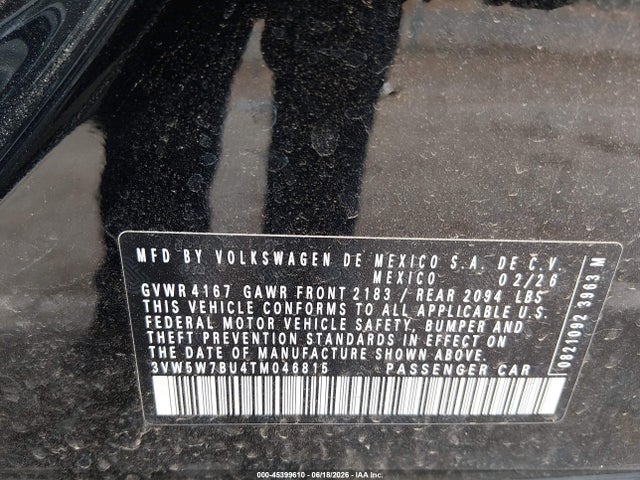 2026 Volkswagen Jetta S მანქანა იყიდება აუქციონზე, vin: 3VW5W7BU4TM046815, აუქციონის ნომერი: 45399610