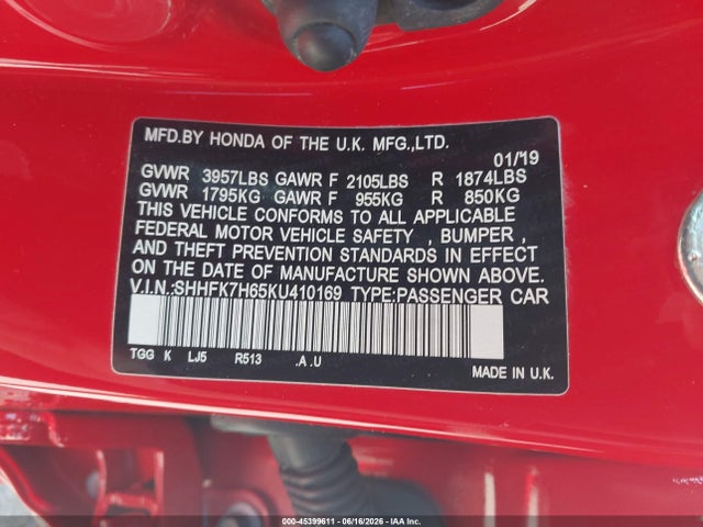 2019 Honda Civic Ex მანქანა იყიდება აუქციონზე, vin: SHHFK7H65KU410169, აუქციონის ნომერი: 45399611