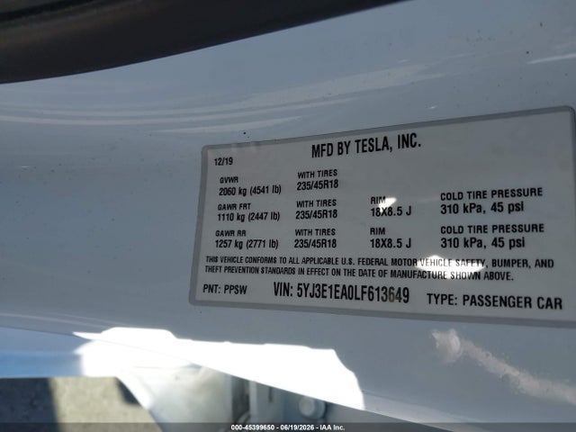 45399650 :رقم المزاد ، 5YJ3E1EA0LF613649 vin ، 2020 Tesla Model 3 Standard Range Plus Rear-wheel Drive/standard Range Rear-wheel Drive مزاد بيع