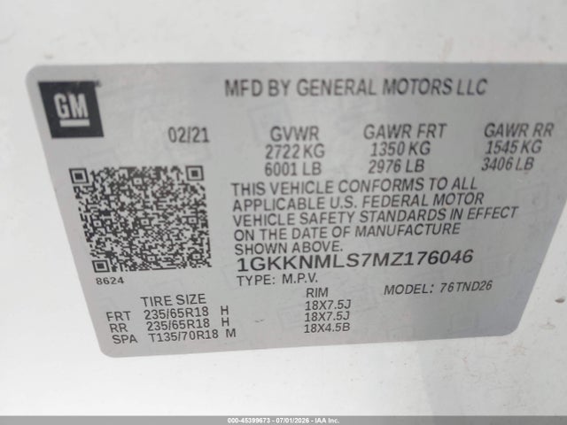 Aukcja sprzedaży 2021 Gmc Acadia Fwd Slt, vin: 1GKKNMLS7MZ176046, numer aukcji: 45399673