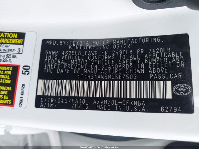 4T1H31AK5NU587503 Toyota Camry Le Hybrid