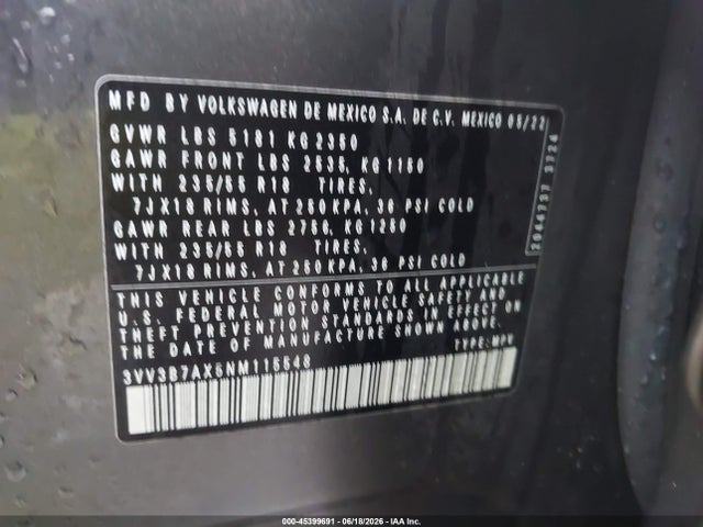 3VV3B7AX5NM115548 Volkswagen Tiguan 2.0t Se