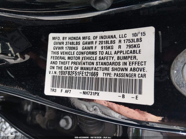 Aukcja sprzedaży 2015 Honda Civic Lx, vin: 19XFB2F51FE121669, numer aukcji: 45399696