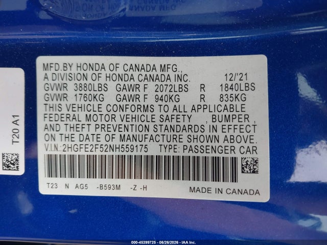 2HGFE2F52NH559175 Honda Civic Sport