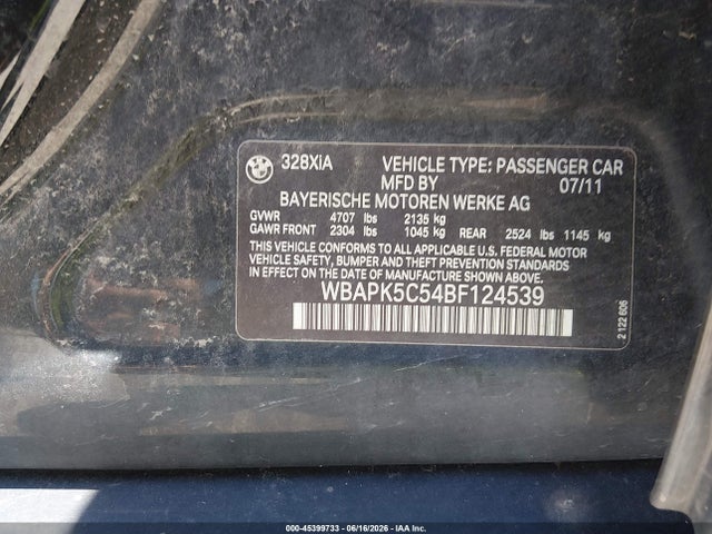 45399733 :رقم المزاد ، WBAPK5C54BF124539 vin ، 2011 Bmw 328i Xdrive مزاد بيع