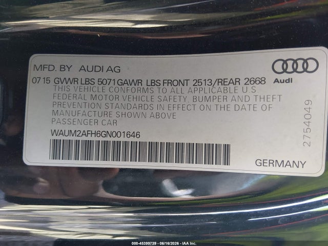 Aukcja sprzedaży 2016 Audi A5 Premium Plus, vin: WAUM2AFH6GN001646, numer aukcji: 45399739