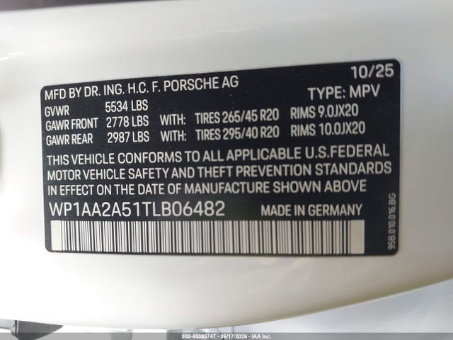 Продаж на аукціоні авто 2026 Porsche Macan T, vin: WP1AA2A51TLB06482, номер лоту: 45399747