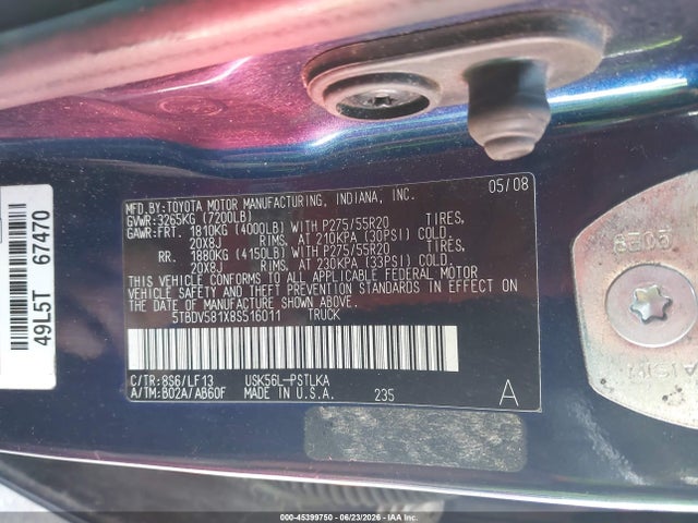 45399750 :رقم المزاد ، 5TBDV581X8S516011 vin ، 2008 Toyota Tundra Limited 5.7l V8 مزاد بيع