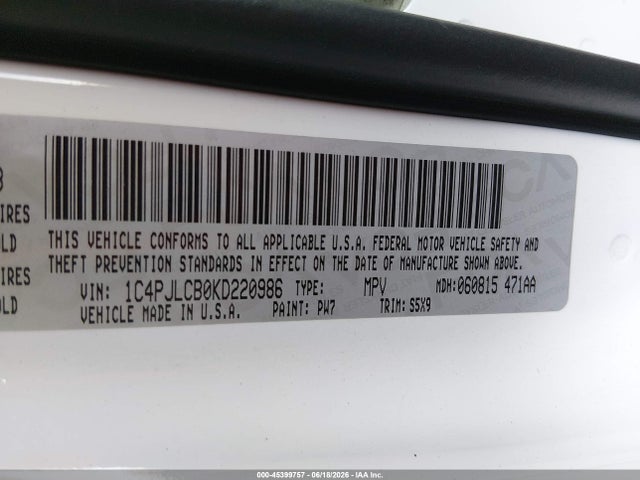 45399757 :رقم المزاد ، 1C4PJLCB0KD220986 vin ، 2019 Jeep Cherokee Latitude Fwd مزاد بيع