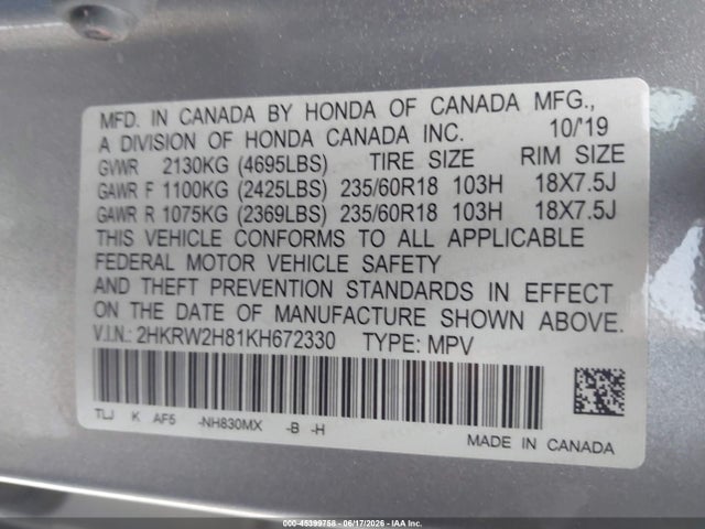 2HKRW2H81KH672330 Honda Cr-v Ex-l