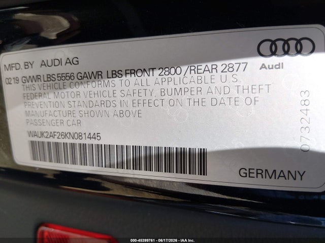 2019 Audi A6 55 Premium მანქანა იყიდება აუქციონზე, vin: WAUK2AF26KN081445, აუქციონის ნომერი: 45399761