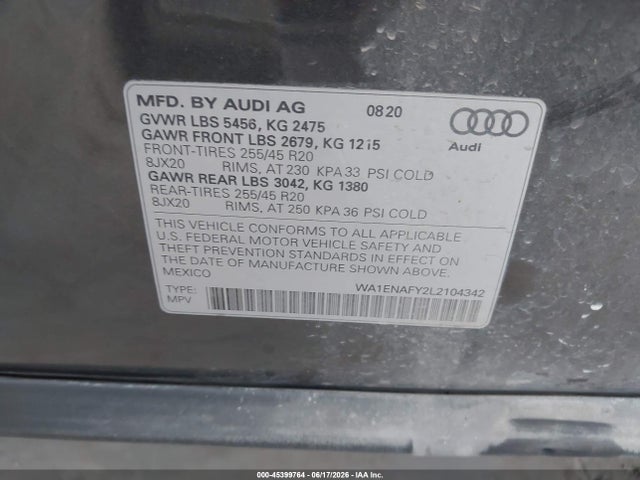 45399764 :رقم المزاد ، WA1ENAFY2L2104342 vin ، 2020 Audi Q5 Titanium Premium Plus 45 Tfsi Quattro S Tronic مزاد بيع