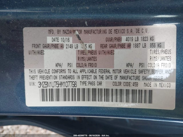 45399778 :رقم المزاد ، 3MZBN1U75HM107798 vin ، 2017 Mazda Mazda3 Sport مزاد بيع