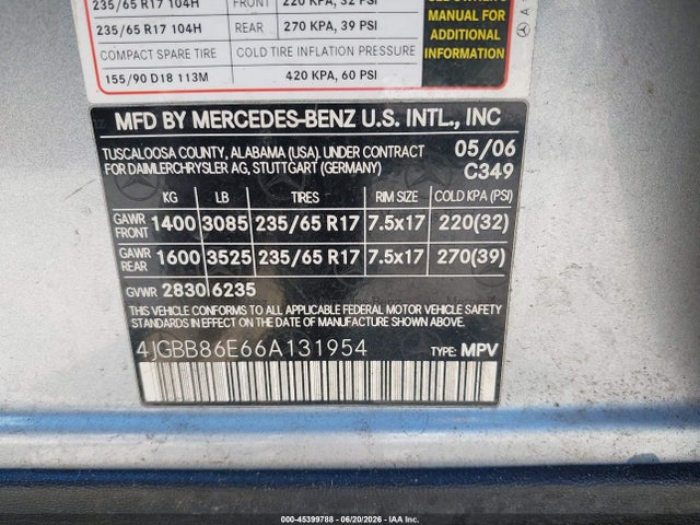 Aukcja sprzedaży 2006 Mercedes-benz Ml 350 4matic, vin: 4JGBB86E66A131954, numer aukcji: 45399788