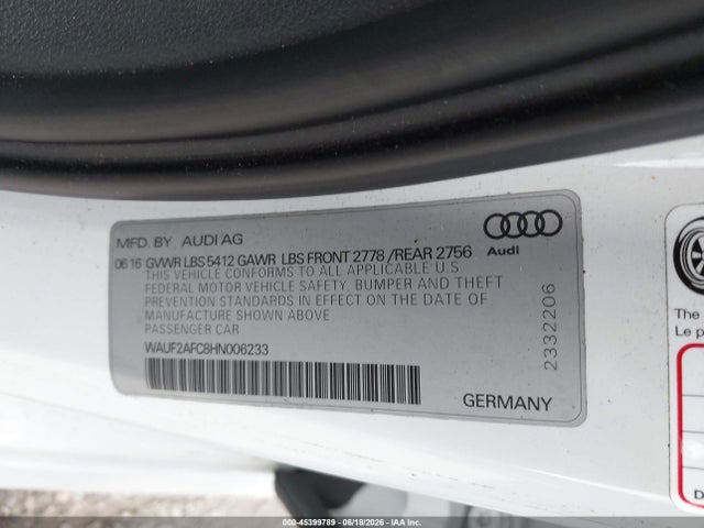 2017 Audi A6 3.0t Premium Plus მანქანა იყიდება აუქციონზე, vin: WAUF2AFC8HN006233, აუქციონის ნომერი: 45399789