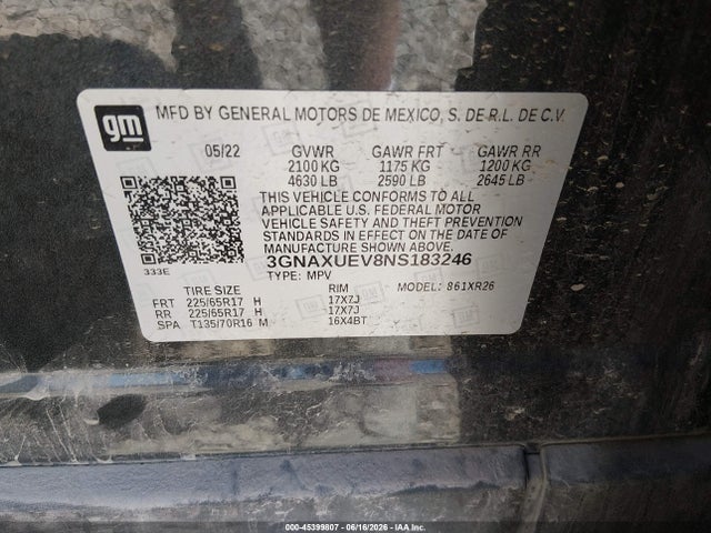 45399807 :رقم المزاد ، 3GNAXUEV8NS183246 vin ، 2022 Chevrolet Equinox Awd Lt مزاد بيع
