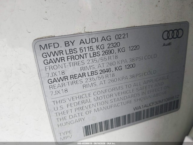 2021 Audi Q3 Premium 40 Tfsi Quattro Tiptronic მანქანა იყიდება აუქციონზე, vin: WA1AUCF30M1089512, აუქციონის ნომერი: 45399819