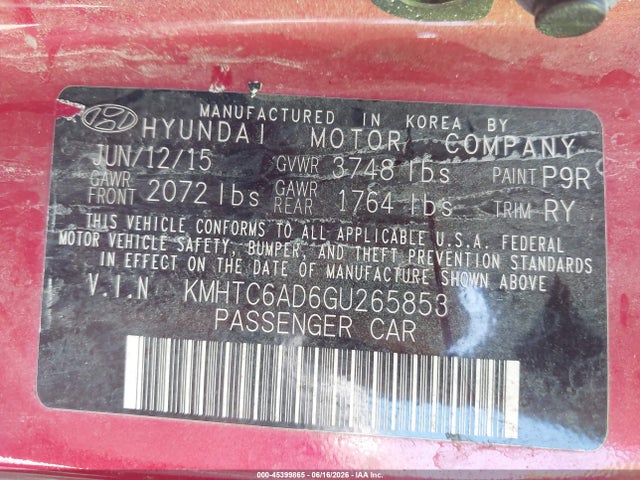 Aukcja sprzedaży 2016 Hyundai Veloster, vin: KMHTC6AD6GU265853, numer aukcji: 45399865