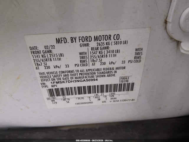 45399889 :رقم المزاد ، 1FMSK7DH3NGA50994 vin ، 2022 Ford Explorer Xlt مزاد بيع