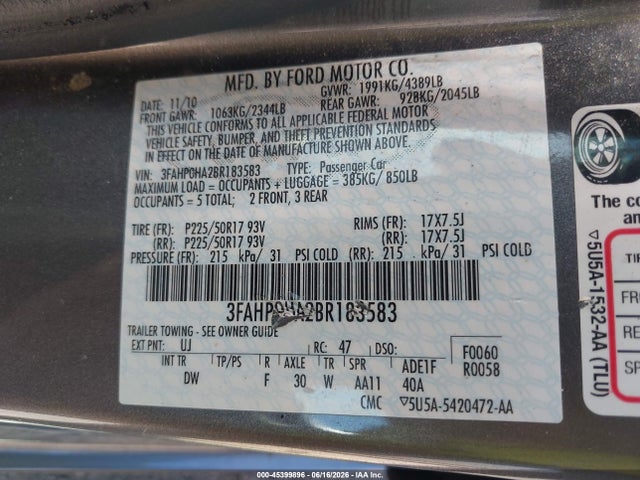 Aukcja sprzedaży 2011 Ford Fusion Se, vin: 3FAHP0HA2BR183583, numer aukcji: 45399896