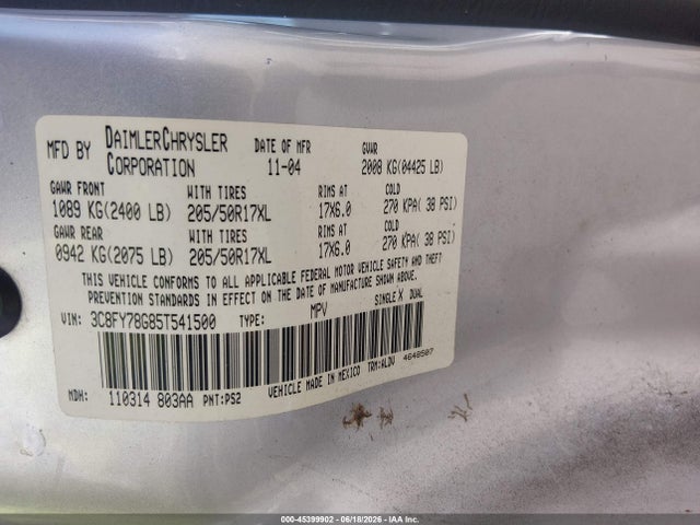 45399902 :رقم المزاد ، 3C8FY78G85T541500 vin ، 2005 Chrysler Pt Cruiser Gt مزاد بيع