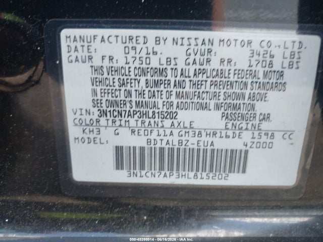 3N1CN7AP3HL815202 Nissan Versa 1.6 S/1.6 S+/1.6 Sl/1.6 Sv