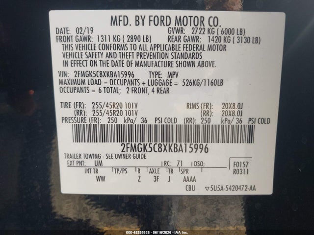 Ford FLEX SEL 2019 2FMGK5C8XKBA15996 Image 9