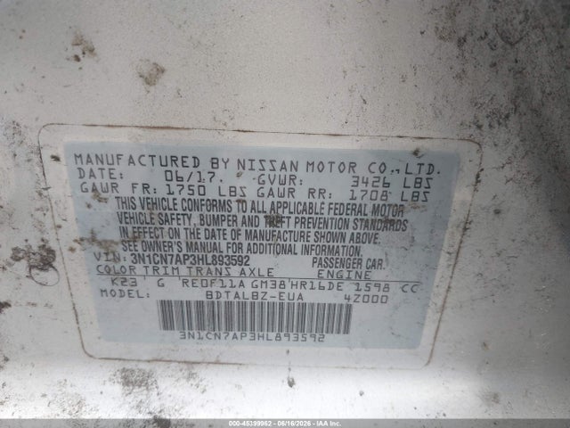 45399962 :رقم المزاد ، 3N1CN7AP3HL893592 vin ، 2017 Nissan Versa 1.6 Sv مزاد بيع