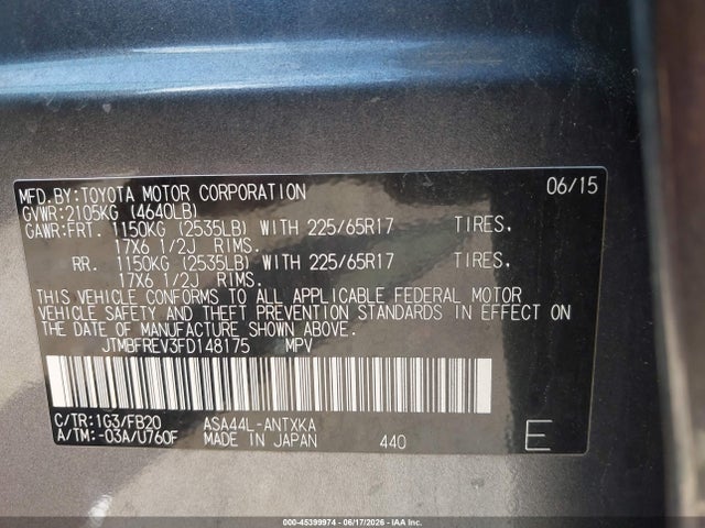 45399974 :رقم المزاد ، JTMBFREV3FD148175 vin ، 2015 Toyota Rav4 Le مزاد بيع