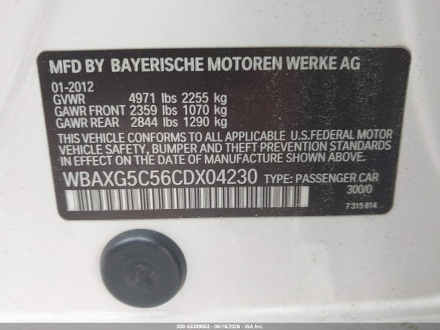 Aukcja sprzedaży 2012 Bmw 528i, vin: WBAXG5C56CDX04230, numer aukcji: 45399993