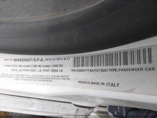 Aukcja sprzedaży 2018 Maserati Ghibli S Q4, vin: ZAM57YTA4J1273647, numer aukcji: 45399998