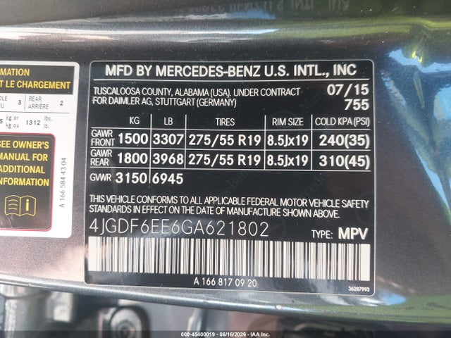Продажа на аукционе авто 2016 Mercedes-benz Gl 450 4matic, vin: 4JGDF6EE6GA621802, номер лота: 45400019