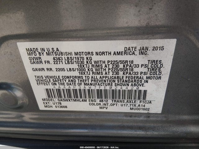 4A4AP3AW7FE024420 Mitsubishi Outlander Sport Es