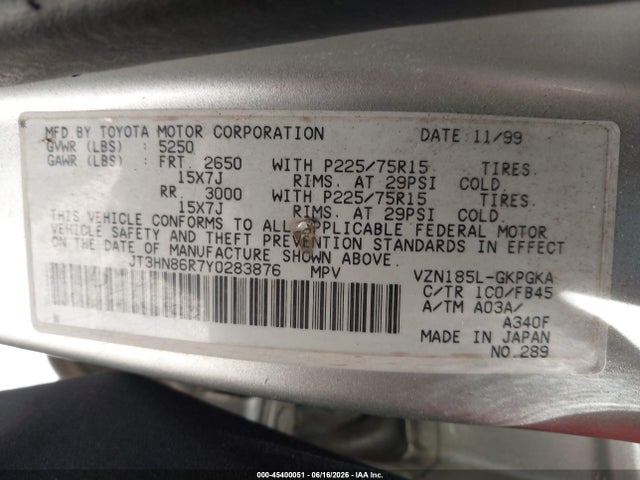 Aukcja sprzedaży 2000 Toyota 4runner Sr5 V6, vin: JT3HN86R7Y0283876, numer aukcji: 45400051