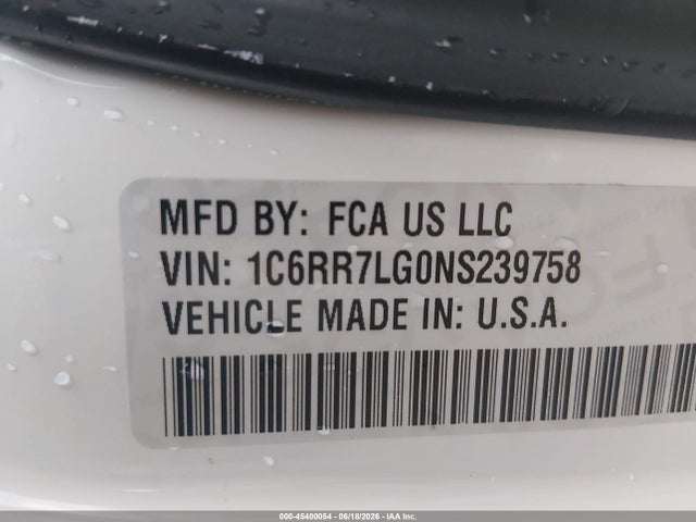 2022 Ram 1500 Classic მანქანა იყიდება აუქციონზე, vin: 1C6RR7LG0NS239758, აუქციონის ნომერი: 45400054