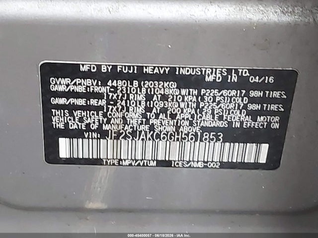 45400057 :رقم المزاد ، JF2SJAKC6GH561853 vin ، 2016 Subaru Forester 2.5i Limited مزاد بيع