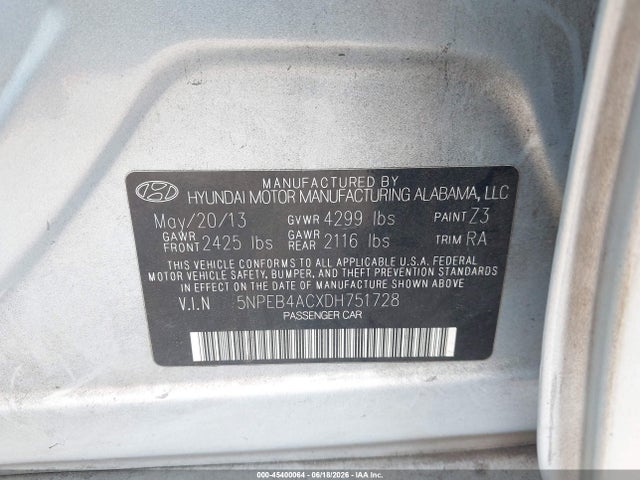 45400064 :رقم المزاد ، 5NPEB4ACXDH751728 vin ، 2013 Hyundai Sonata Gls مزاد بيع
