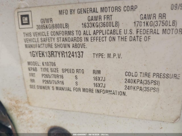 Aukcja sprzedaży 2000 Cadillac Escalade Standard, vin: 1GYEK13R7YR124137, numer aukcji: 45400067